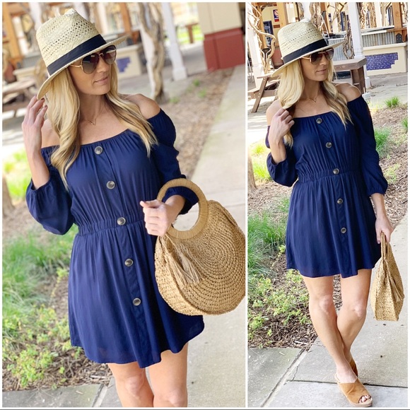 ✨LAST ONE✨Navy Off Shoulder Button Front Dress - Picture 2 of 3